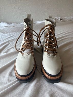 Marc Fisher Cream Lace-Up Lug Boots with Brown Trim